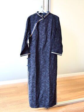 Navy Blue Flora Long Qipao - Chinese Traditional Winter Dress